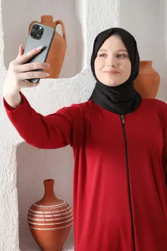 Zippered Seasonal Lightweight Fabric Women's Prayer Dress Abaya-Burgundy - 5