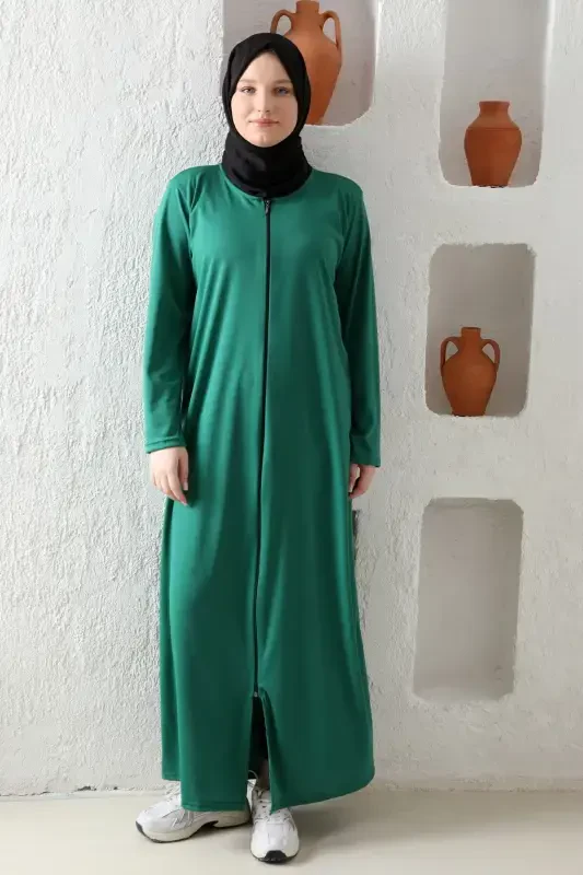 Zippered Seasonal Lightweight Fabric Women's Prayer Dress Abaya-Green - 4