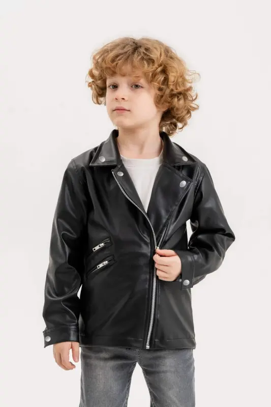 Zippersi o'g'il bolalar charm kurtkasi - Qora - GOLD CLASS KIDSWEAR