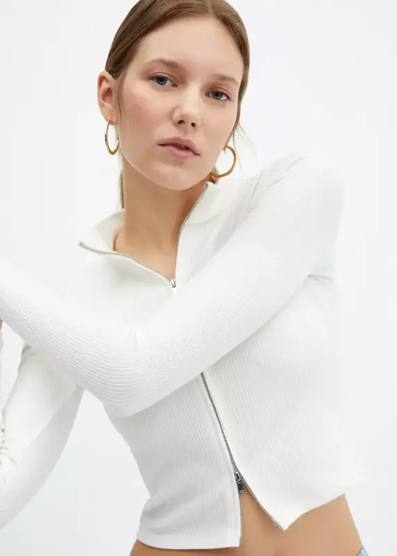 Zippersiz balak yaka cardigan - Ekrü - 5