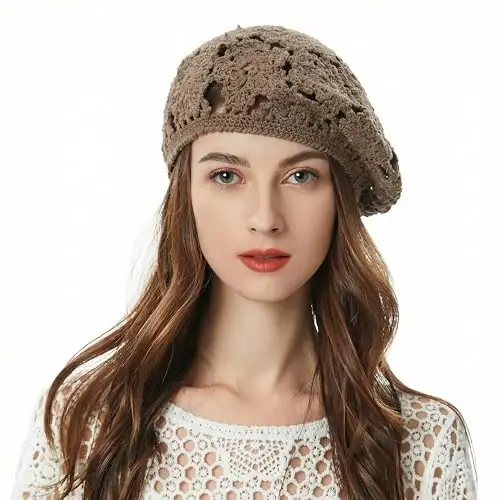 ZLYC Ayollar Paxtadan Tikilgan Slouchy Crochet Beret Qo'lda yasalgan Kesimli Gullu Beanie Shlyapa 