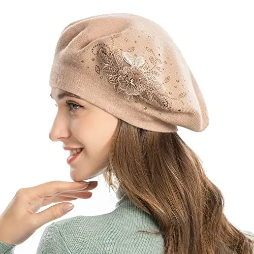ZLYC Womens French Beret hat, Reversible Solid Color Mosaic Warm Beret Cap for Girls 