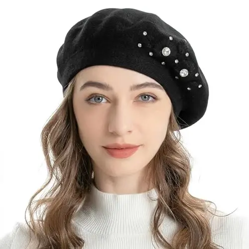 ZLYC Womens French Beret hat, Reversible Solid Color Mosaic Warm Beret Cap for Girls 