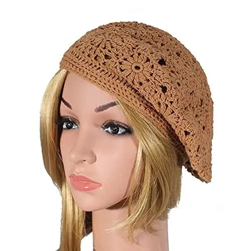 ZLYC Women Cotton Slouchy Crochet Beret Handmade Cutout Floral Beanie Hat - 4