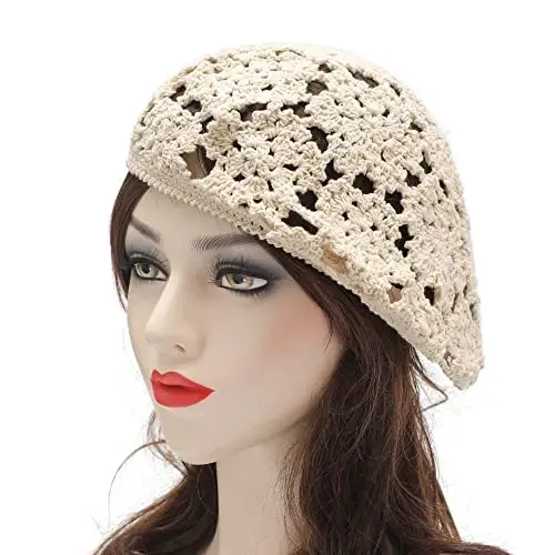 ZLYC Women Cotton Slouchy Crochet Beret Handmade Cutout Floral Beanie Hat - 2