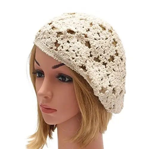ZLYC Women Cotton Slouchy Crochet Beret Handmade Cutout Floral Beanie Hat - 4