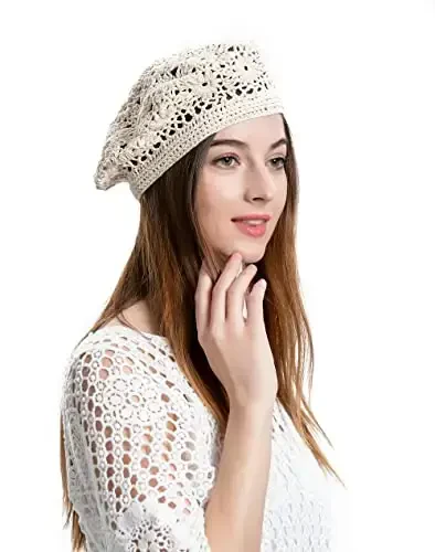 ZLYC Women Cotton Slouchy Crochet Beret Handmade Cutout Floral Beanie Hat - 2