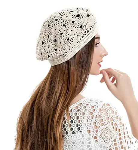 ZLYC Women Cotton Slouchy Crochet Beret Handmade Cutout Floral Beanie Hat - 3