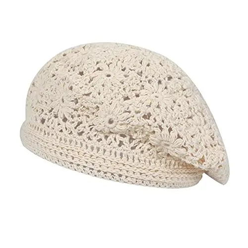 ZLYC Women Cotton Slouchy Crochet Beret Handmade Cutout Floral Beanie Hat - 11