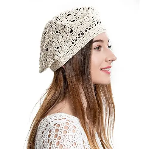 ZLYC Women Cotton Slouchy Crochet Beret Handmade Cutout Floral Beanie Hat 