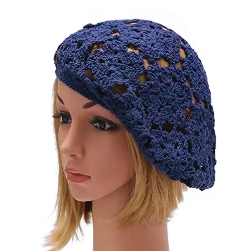 ZLYC Women Cotton Slouchy Crochet Beret Handmade Cutout Floral Beanie Hat - 4
