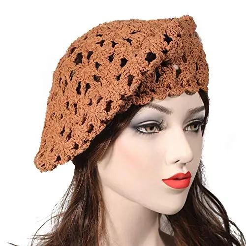 ZLYC Women Cotton Slouchy Crochet Beret Handmade Cutout Floral Beanie Hat - 3
