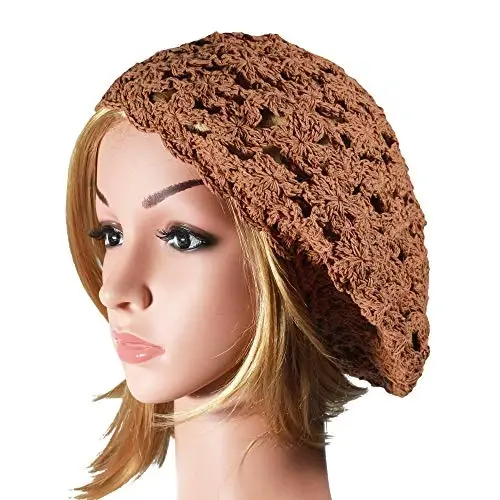 ZLYC Women Cotton Slouchy Crochet Beret Handmade Cutout Floral Beanie Hat - 4