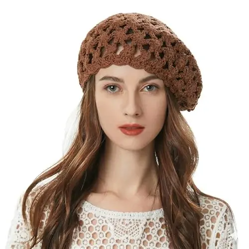 ZLYC Women Cotton Slouchy Crochet Beret Handmade Cutout Floral Beanie Hat 