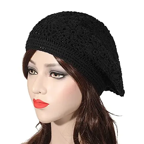ZLYC Women Cotton Slouchy Crochet Beret Handmade Cutout Floral Beanie Hat - 2