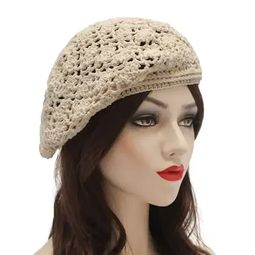 ZLYC Women Cotton Slouchy Crochet Beret Handmade Cutout Floral Beanie Hat - 3