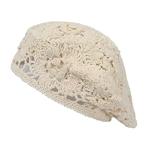 ZLYC Women Cotton Slouchy Crochet Beret Handmade Cutout Floral Beanie Hat 