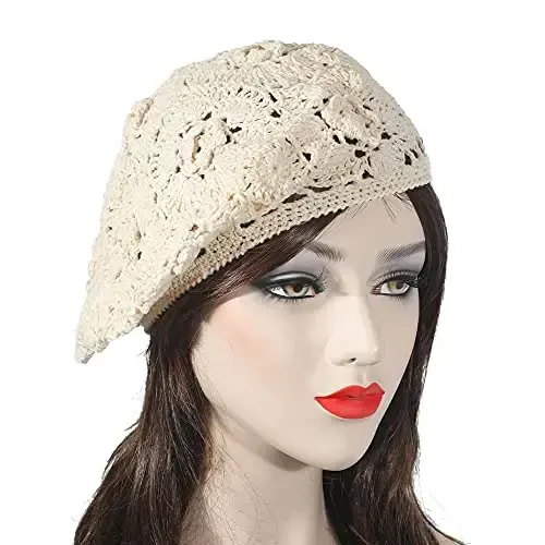 ZLYC Women Cotton Slouchy Crochet Beret Handmade Cutout Floral Beanie Hat - 3