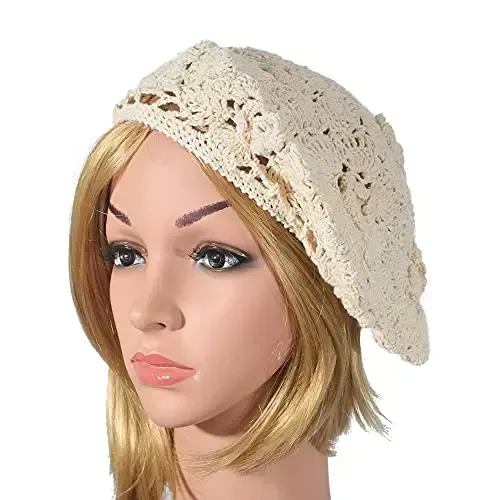 ZLYC Women Cotton Slouchy Crochet Beret Handmade Cutout Floral Beanie Hat - 4