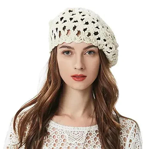 ZLYC Women Cotton Slouchy Crochet Beret Handmade Cutout Floral Beanie Hat - 4