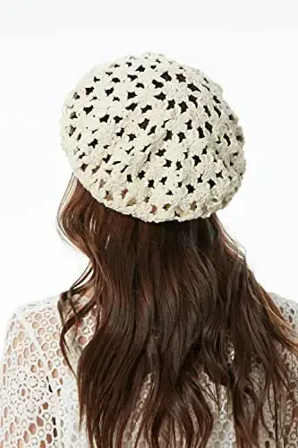 ZLYC Women Cotton Slouchy Crochet Beret Handmade Cutout Floral Beanie Hat - 7
