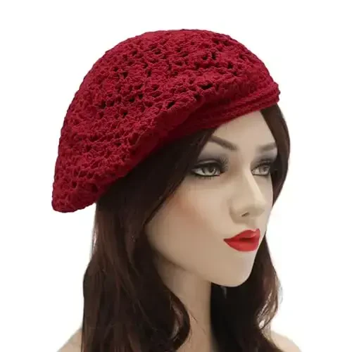 ZLYC Women Cotton Slouchy Crochet Beret Handmade Cutout Floral Beanie Hat - 3
