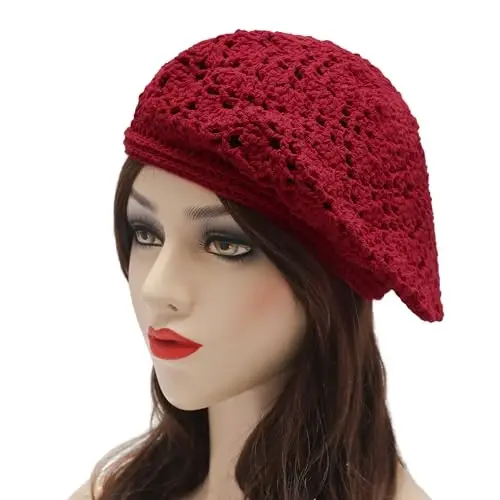 ZLYC Women Cotton Slouchy Crochet Beret Handmade Cutout Floral Beanie Hat - 2