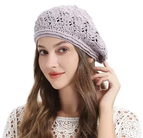 ZLYC Women Cotton Slouchy Crochet Beret Handmade Cutout Floral Beanie Hat - ZLYC