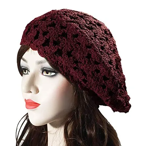 ZLYC Women Cotton Slouchy Crochet Beret Handmade Cutout Floral Beanie Hat - 2