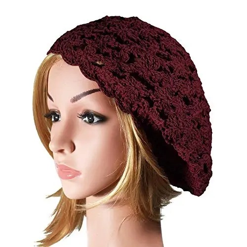ZLYC Women Cotton Slouchy Crochet Beret Handmade Cutout Floral Beanie Hat - 4