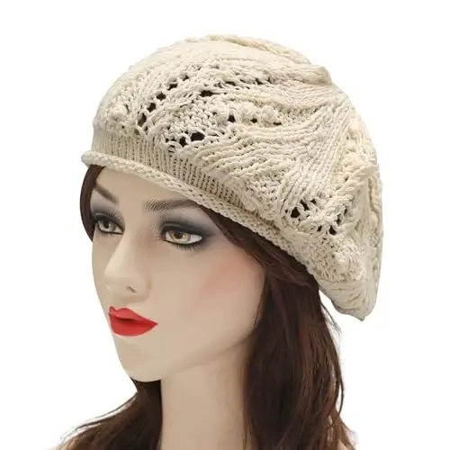 ZLYC Women Cotton Slouchy Crochet Beret Handmade Cutout Floral Beanie Hat - 2