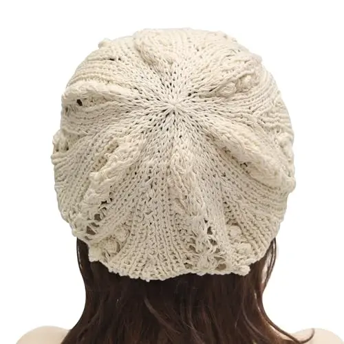 ZLYC Women Cotton Slouchy Crochet Beret Handmade Cutout Floral Beanie Hat - 3