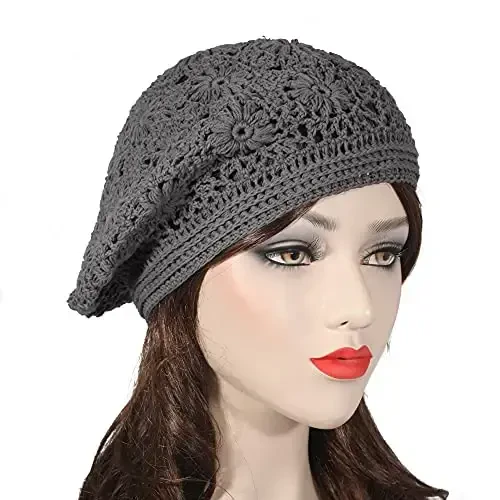 ZLYC Women Cotton Slouchy Crochet Beret Handmade Cutout Floral Beanie Hat - 3