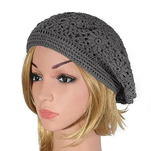 ZLYC Women Cotton Slouchy Crochet Beret Handmade Cutout Floral Beanie Hat - 4