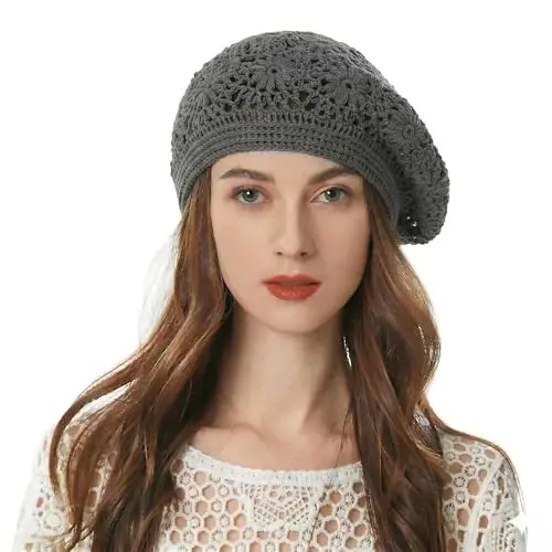 ZLYC Women Cotton Slouchy Crochet Beret Handmade Cutout Floral Beanie Hat 