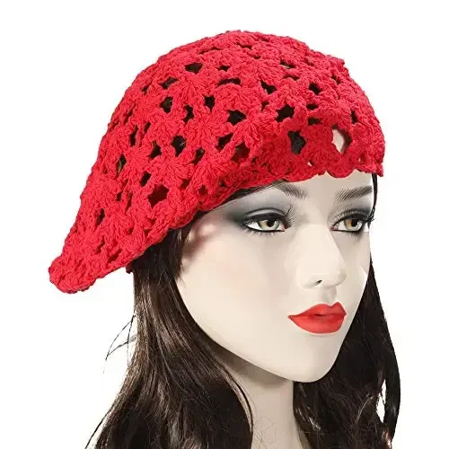 ZLYC Women Cotton Slouchy Crochet Beret Handmade Cutout Floral Beanie Hat - 3