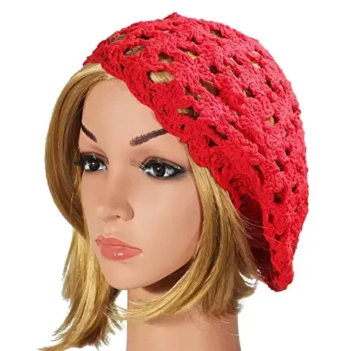 ZLYC Women Cotton Slouchy Crochet Beret Handmade Cutout Floral Beanie Hat - 4