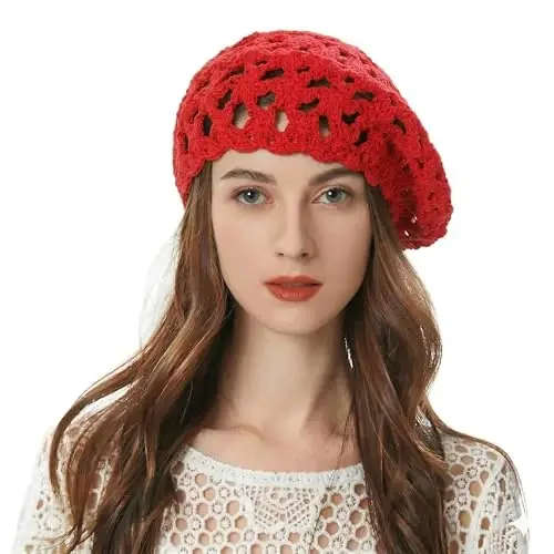 ZLYC Women Cotton Slouchy Crochet Beret Handmade Cutout Floral Beanie Hat 