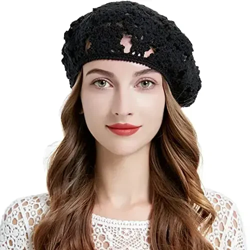 ZLYC Women Cotton Slouchy Crochet Beret Handmade Cutout Floral Beanie Hat - ZLYC