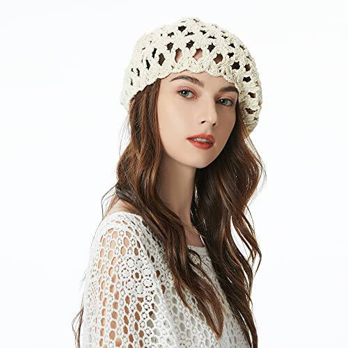 ZLYC Women Cotton Slouchy Crochet Beret Handmade Cutout Floral Beanie Hat - 3