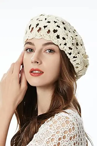 ZLYC Women Cotton Slouchy Crochet Beret Handmade Cutout Floral Beanie Hat - 12