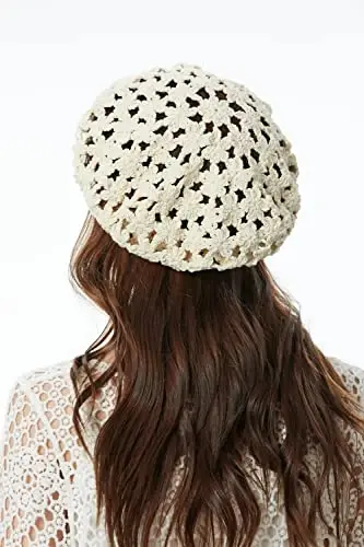 ZLYC Women Cotton Slouchy Crochet Beret Handmade Cutout Floral Beanie Hat - 14