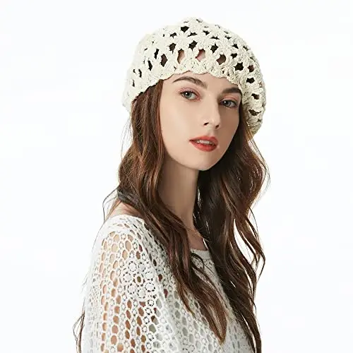 ZLYC Women Cotton Slouchy Crochet Beret Handmade Cutout Floral Beanie Hat - 6