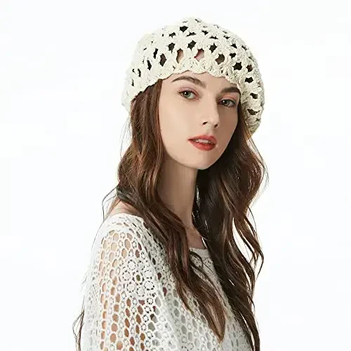 ZLYC Women Cotton Slouchy Crochet Beret Handmade Cutout Floral Beanie Hat - 6