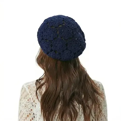 ZLYC Women Cotton Slouchy Crochet Beret Handmade Cutout Floral Beanie Hat - 4