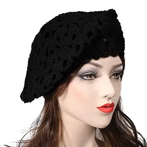ZLYC Women Cotton Slouchy Crochet Beret Handmade Cutout Floral Beanie Hat - 3