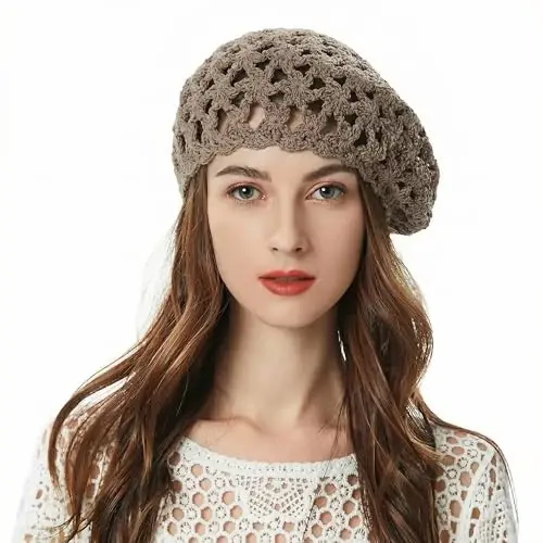 ZLYC Women Cotton Slouchy Crochet Beret Handmade Cutout Floral Beanie Hat 