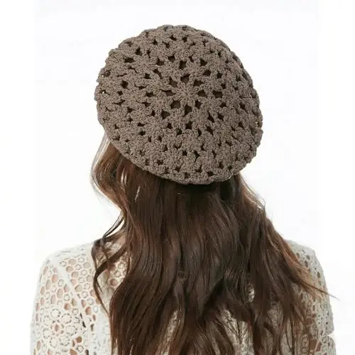 ZLYC Women Cotton Slouchy Crochet Beret Handmade Cutout Floral Beanie Hat - 4