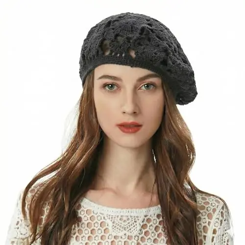 ZLYC Women Cotton Slouchy Crochet Beret Handmade Cutout Floral Beanie Hat 