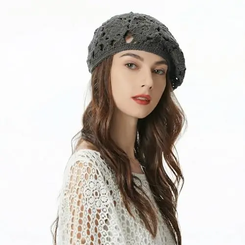 ZLYC Women Cotton Slouchy Crochet Beret Handmade Cutout Floral Beanie Hat - 3